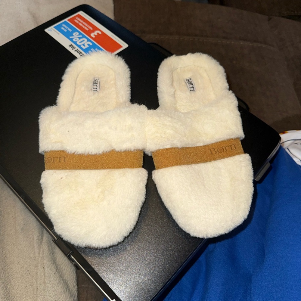 Born Cream and Brown Plush Slippers